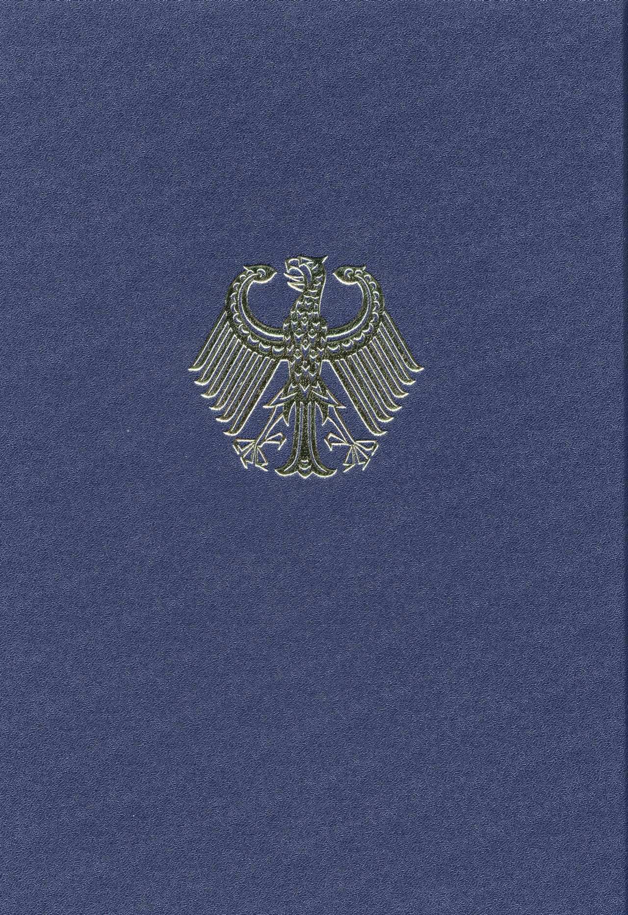 In einer dunkelblauen Mappe mit dem Bundesadler (Goldprägung) auf der Vorderseite befindet sich der Vertrag zwischen der Bundesrepublik Deutschland und der Deutschen Demokratischen Republik über die Herstellung der Einheit Deutschlands.