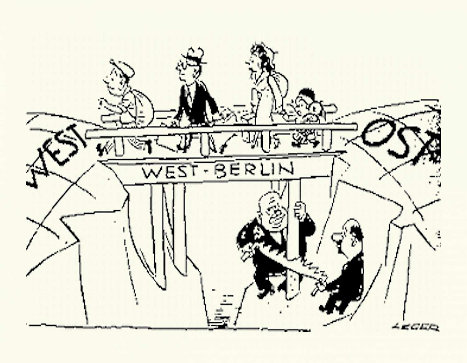 Die Karikatur zeigt Chruschtschow und Ulbricht wie sie einen Brückenfuß der letzten Brücke durchsägen, über die gerade Flüchtlinge von Ost nach West laufen.