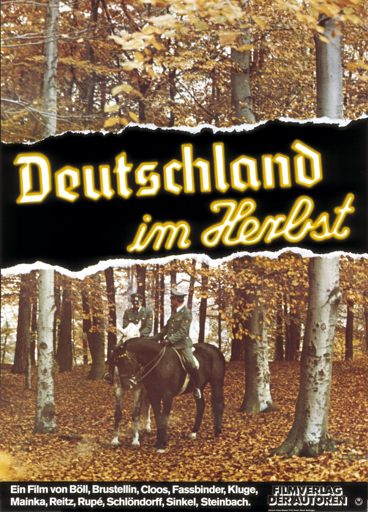 Zwei berittene Polizisten in einem herbstlichen Birkenwald, darüber teils in altdeutscher Schrift: Deutschland im Herbst, unten Aufzählung der Regisseure.