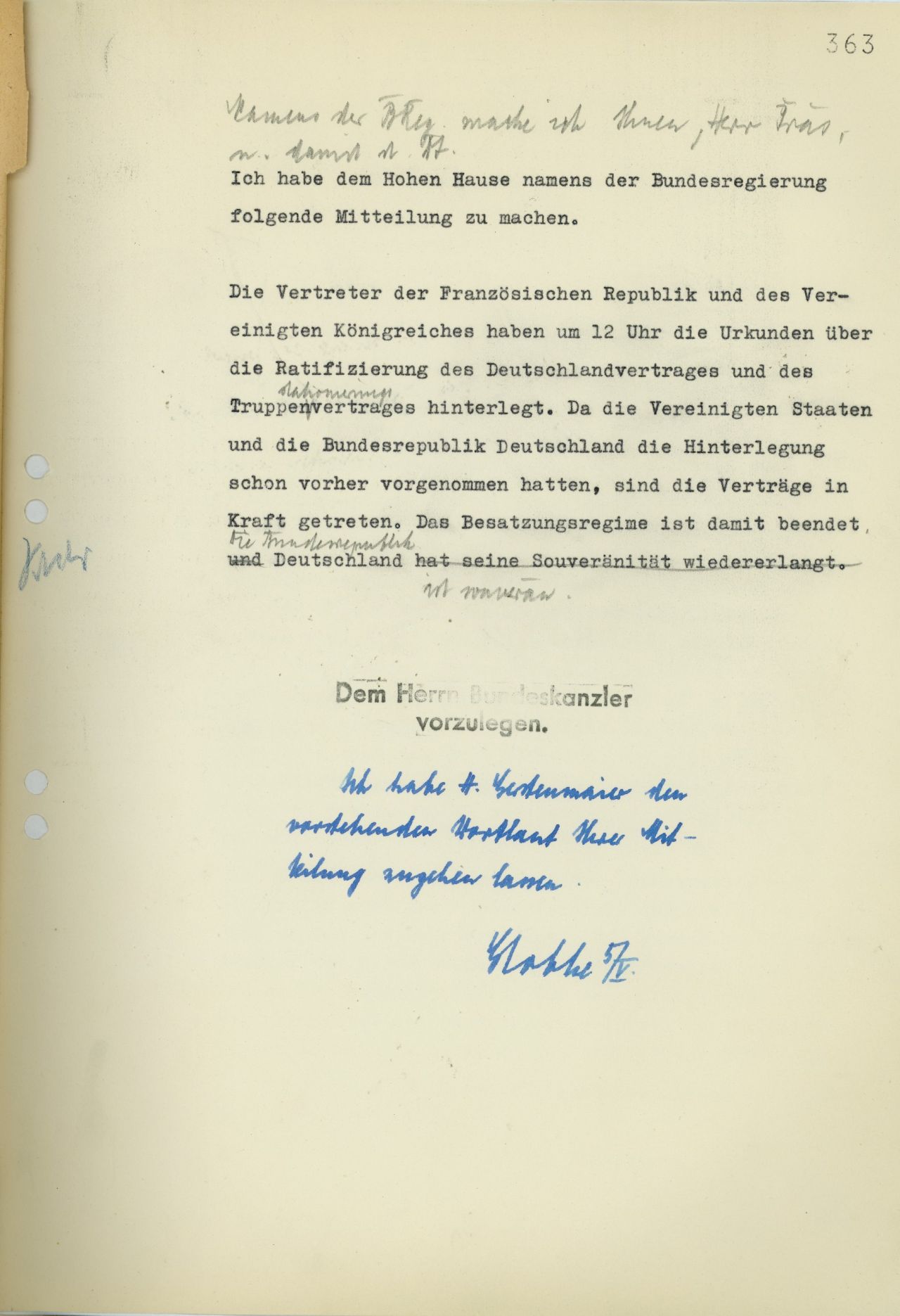 Bundeskanzler Konrad Adenauer informiert im Namen der Bundesregierung den Bundestag am 5. Mai 1955 über das Inkrafttreten der Pariser Verträge und die damit einhergehende Souveränität der Bundesrepublik.