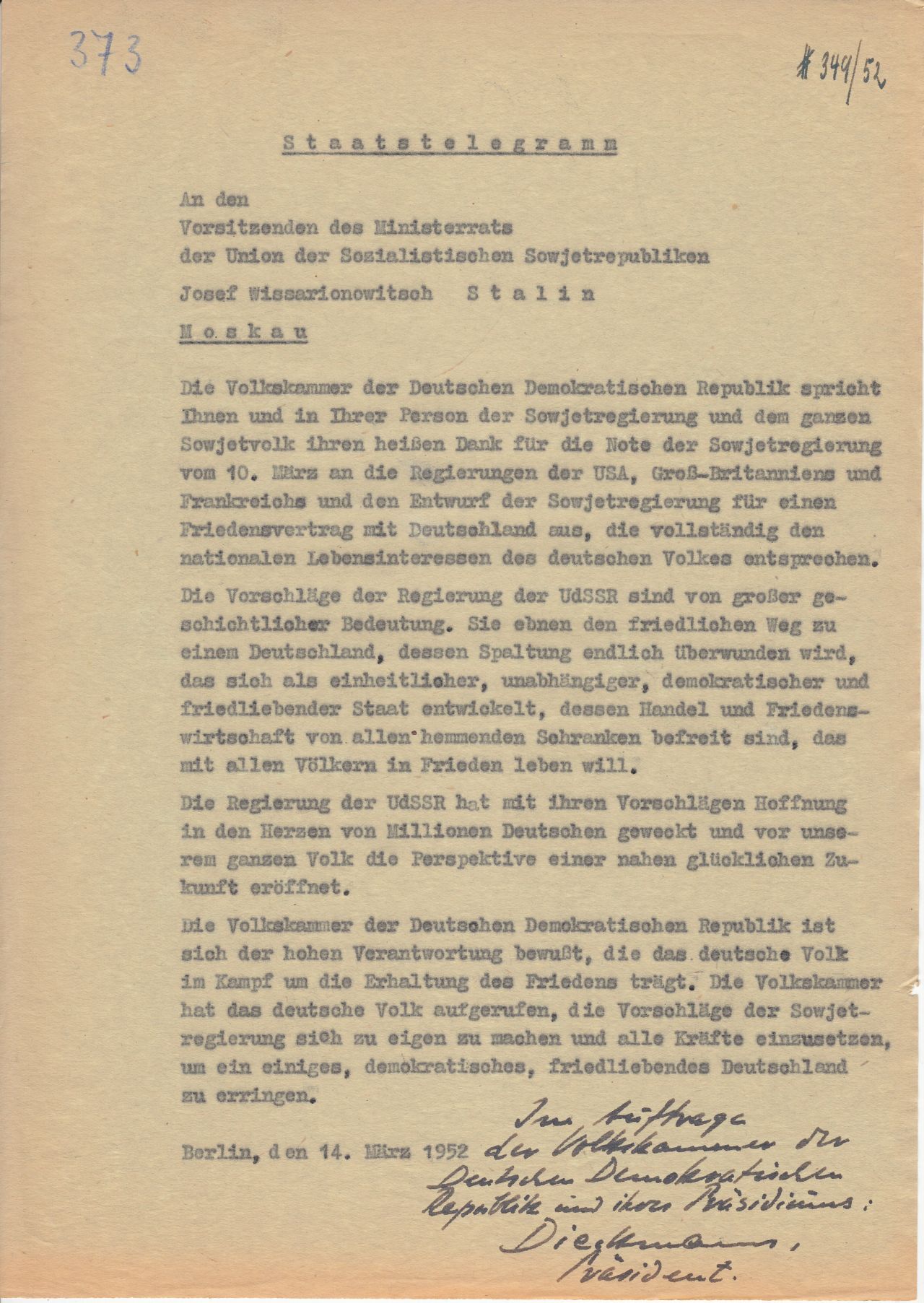 Die Volskammer der DDR dankt Josef Stalin und der Sowjetregierung für ihre Note vom 10. März 1952