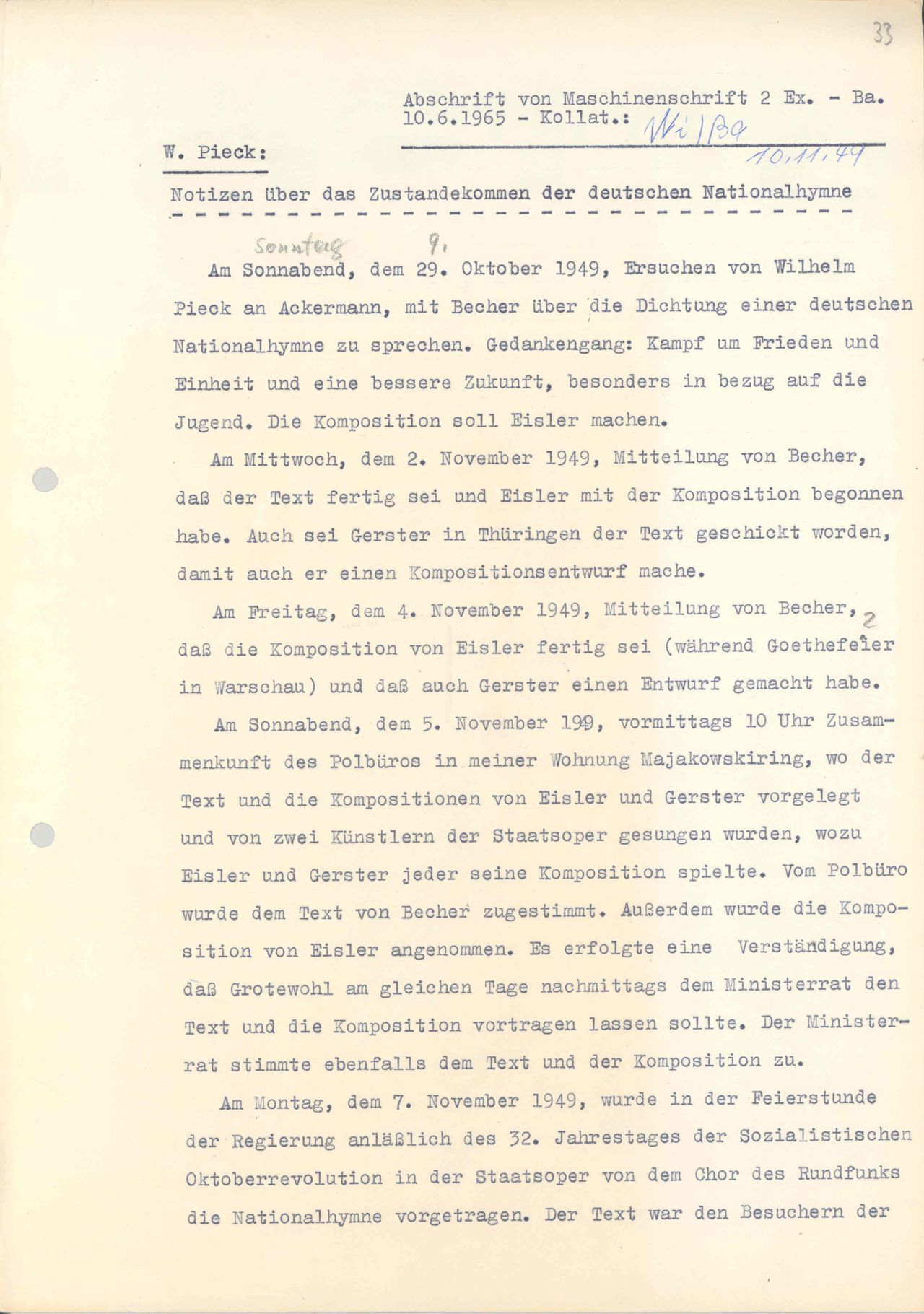 Der Präsident der DDR, Wilhelm Pieck, schildert in seinen Notizen das Zustandekommen der DDR-Nationalhymne