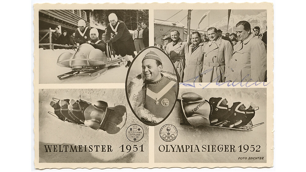 Postcard: Olympic victory of the German bobsleigh team, 1952