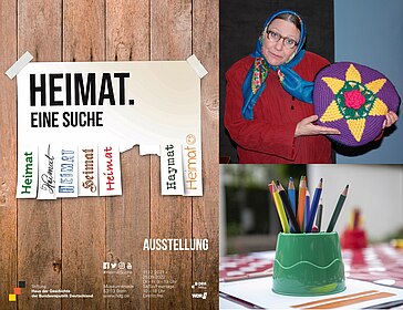 Collage Familiensonntag mit Ausstellungsplakat "Heimat. Eine Suche", Foto Russlanddeutsches Theater, (c) Peter Warkentin, Russlanddeutsches Theater und Stiftebecher Offenes Atelier, (c) Jennifer Zumbusch, Stiftung Haus der Geschichte