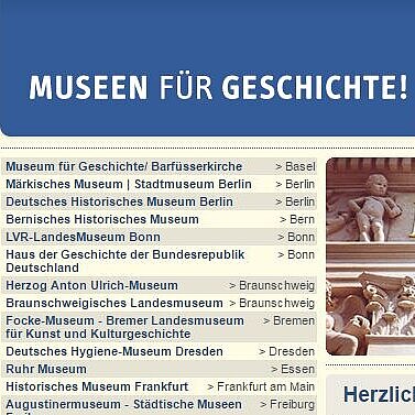 Screenshot, Museums for History, German webpage