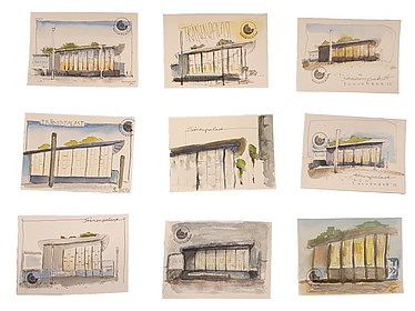 Neun verschiedene Zeichnungen des Tränenpalast-Gebäudes. 