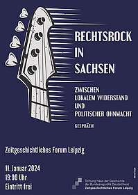 Veranstaltungsplakat mit stilisiertem Gitarrengriff auf blauem Hintergrund