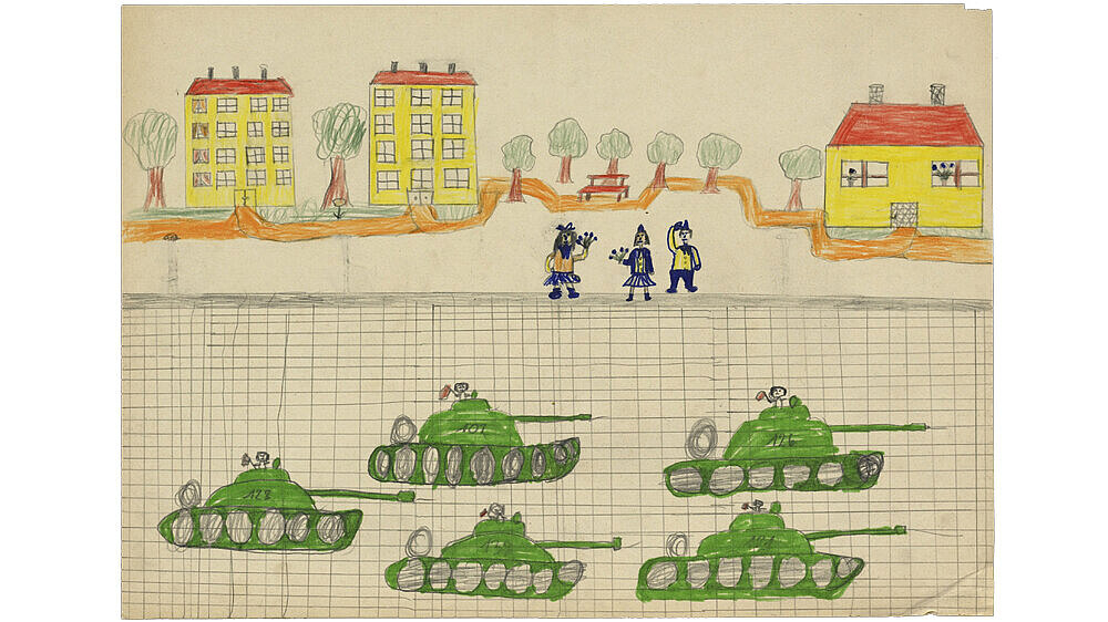 Child's drawing of a tank parade