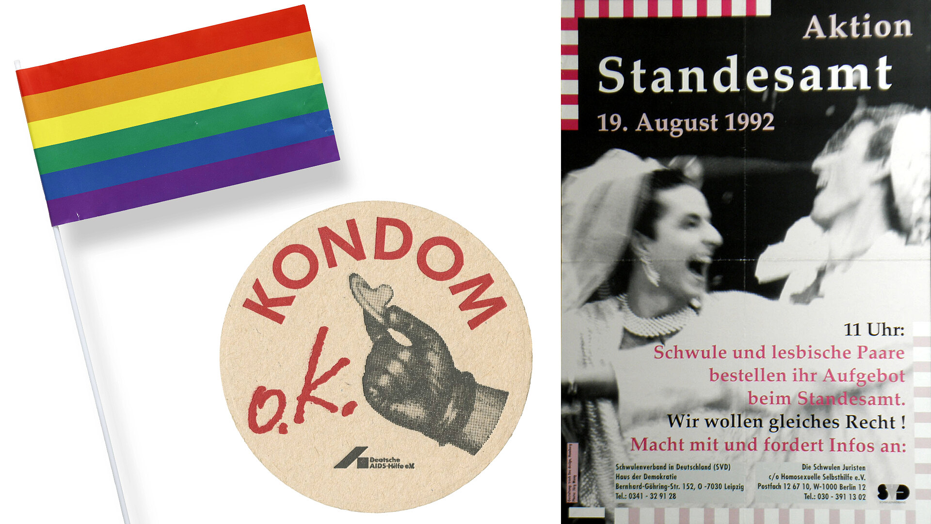 Zusammenstellung von Fotos von einem Regenbogen-Fähnchen, einem Bierdeckel der Deutschen Aidshilfe mit der Aufschrift "Kondom o.k." und einem Plakat mit einer Ankündigung für die "Aktion Standesamt" 1992