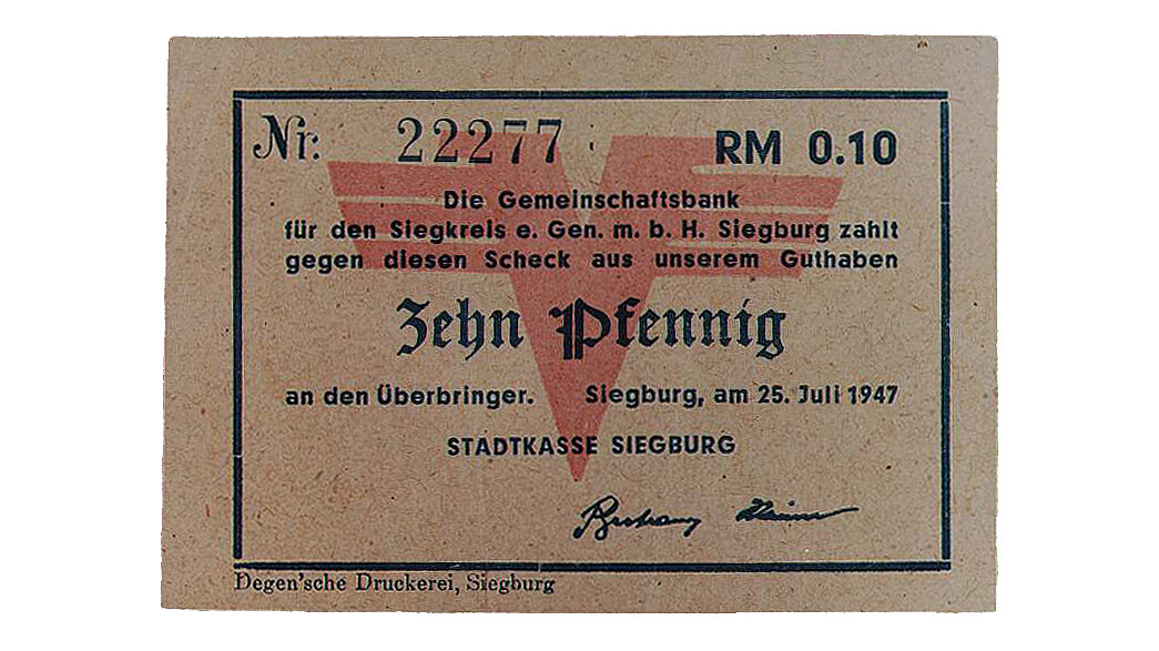 Cheque for 10 'Reichspfennige', Stadtkasse Siegburg