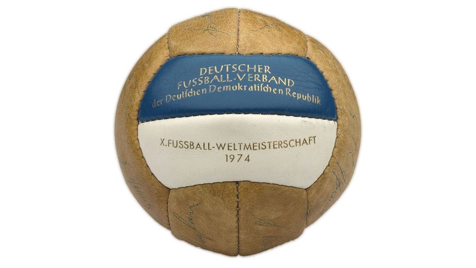 Football with autographs of the GDR World Cup Team 1974