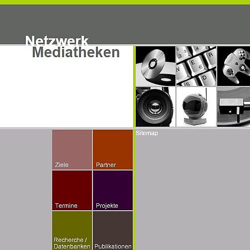 Ein Ausschnitt der Website des Netzwerks Mediatheken mit bunten Kacheln als Menüpunkte und Fotos von Medientechnik