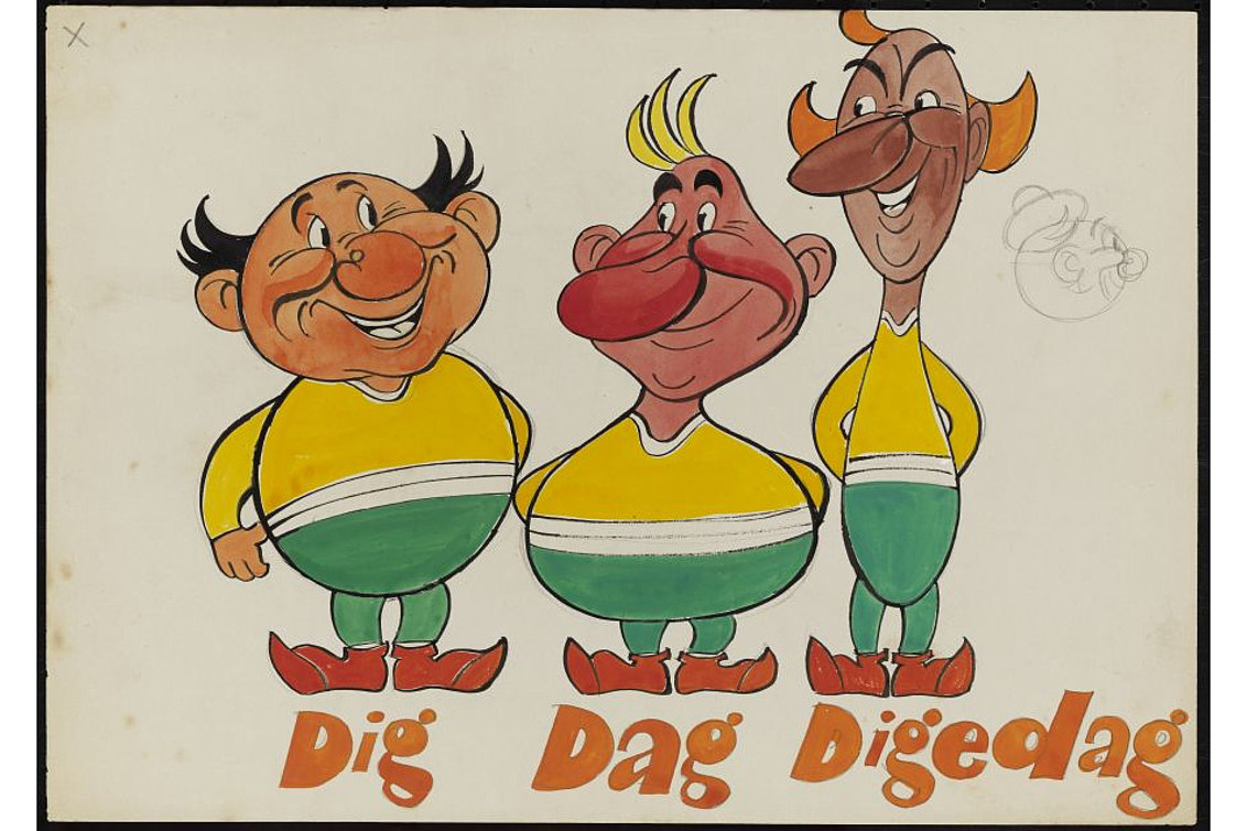 Bei dieser Zeichnung der Digedags von 1955 handelt es sich um einen frühen Entwurf der drei Kobolde.
