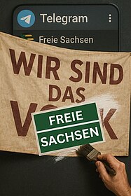Telegram-Bildschirm mit Transparent "Wir sind das Volk" mit Stempel "Freie Sachsen"