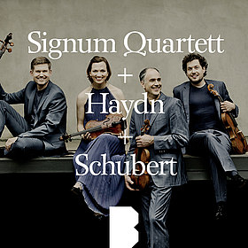 Gruppenfoto Signum Quartet, Schrift über dem Foto: Signum Quartett + Haydn + Schubert