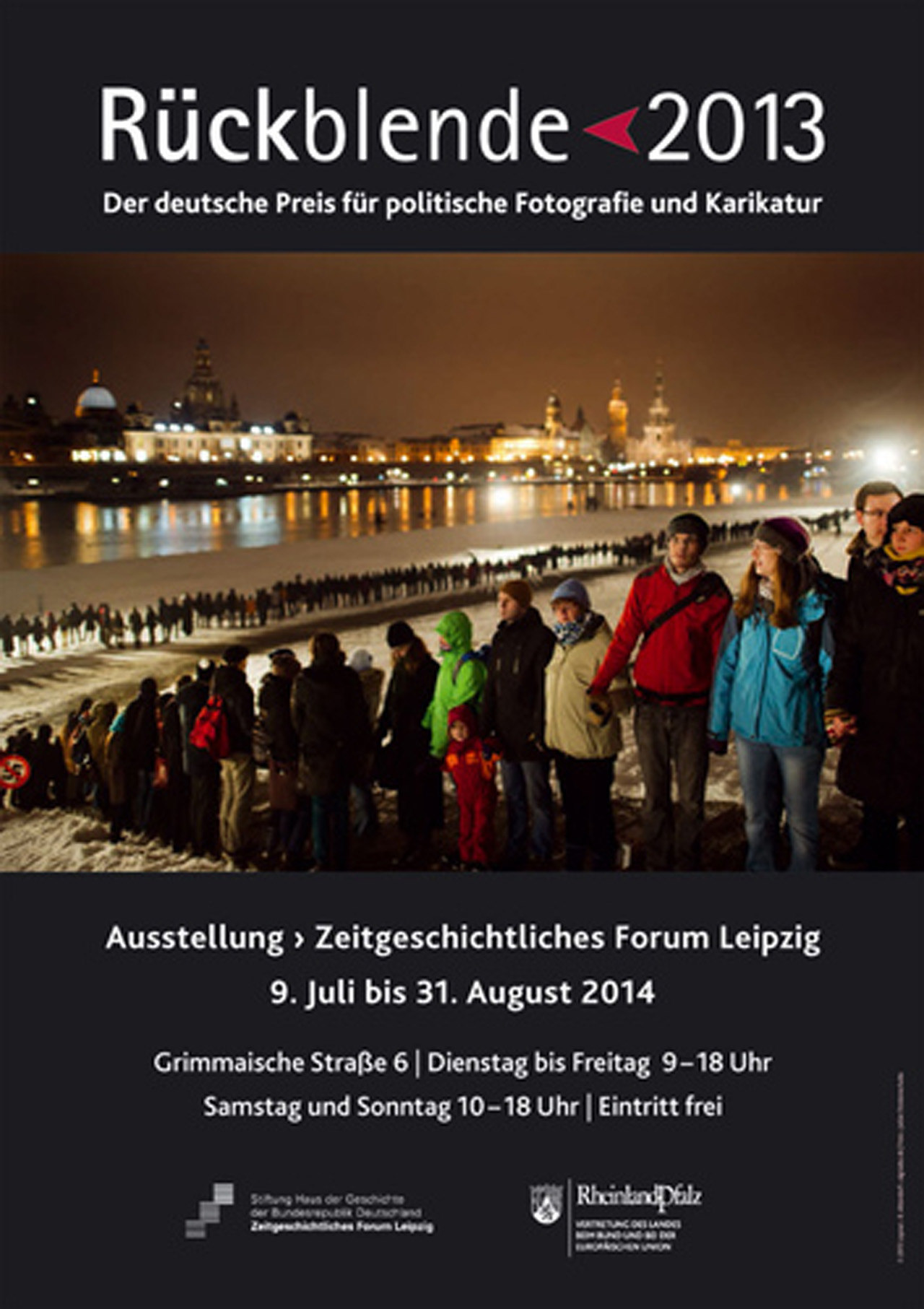 Ausstellungsplakat Rückblende 2013. Der deutsche Preis für politische Fotografie und Karikatur