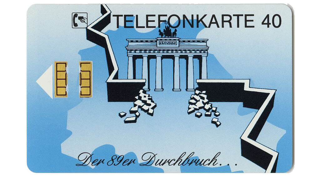 Calling card in memory of the fall of the Berlin Wall.