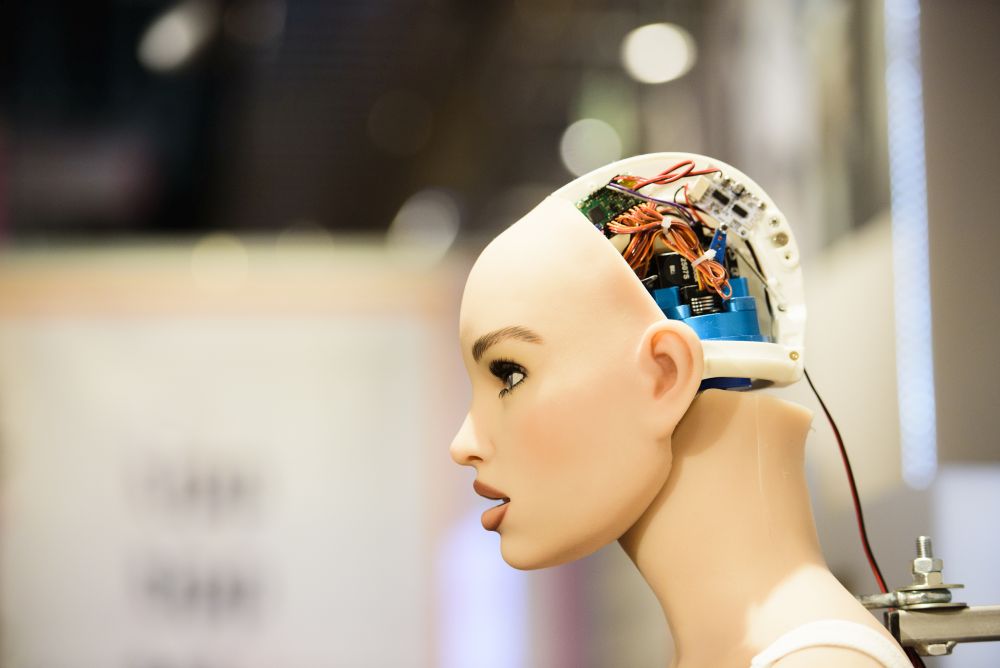 Porträtaufnahme eines menschenähnlichen, weiblichen Roboters. Teile der künstlichen Schädelplatte fehlen, sodass die Technik im Inneren des Roboter-Kopfes sichtbar ist. 