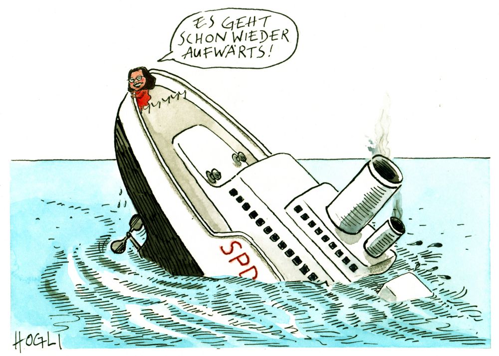 Karikatur mit einem untergehenden Schiff, an der Spitze steht Andrea Nahles.