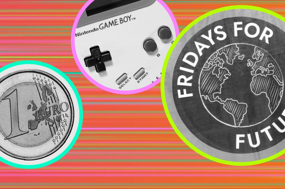 Grafik mit dem Foto eines Euros, einer Nahaufnahme der Steuerungselemente eines Nintendo Game Boy und einem Logo von Fridays for Future.