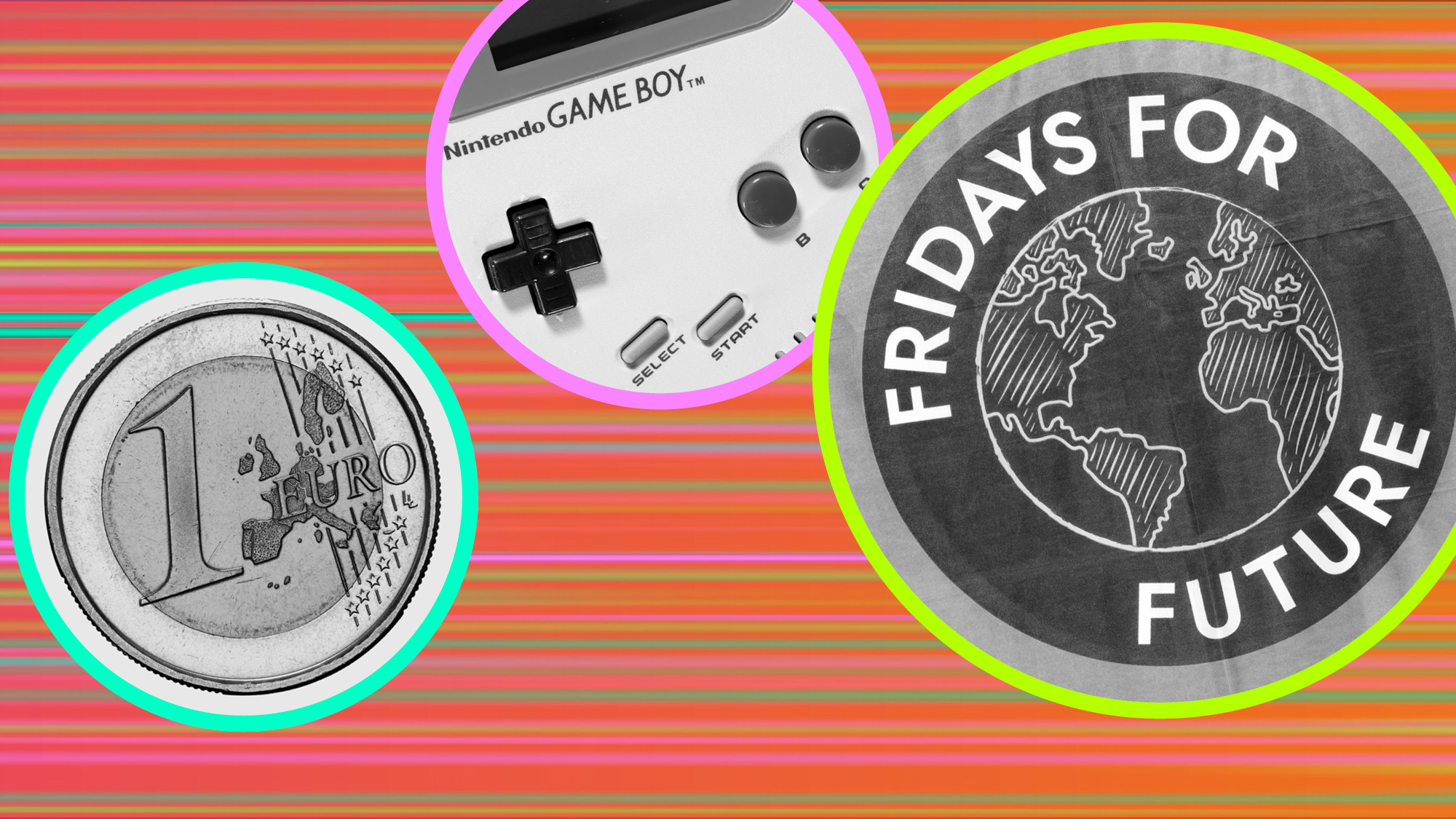 Grafik mit dem Foto eines Euros, einer Nahaufnahme der Steuerungselemente eines Nintendo Game Boy und einem Logo von Fridays for Future.