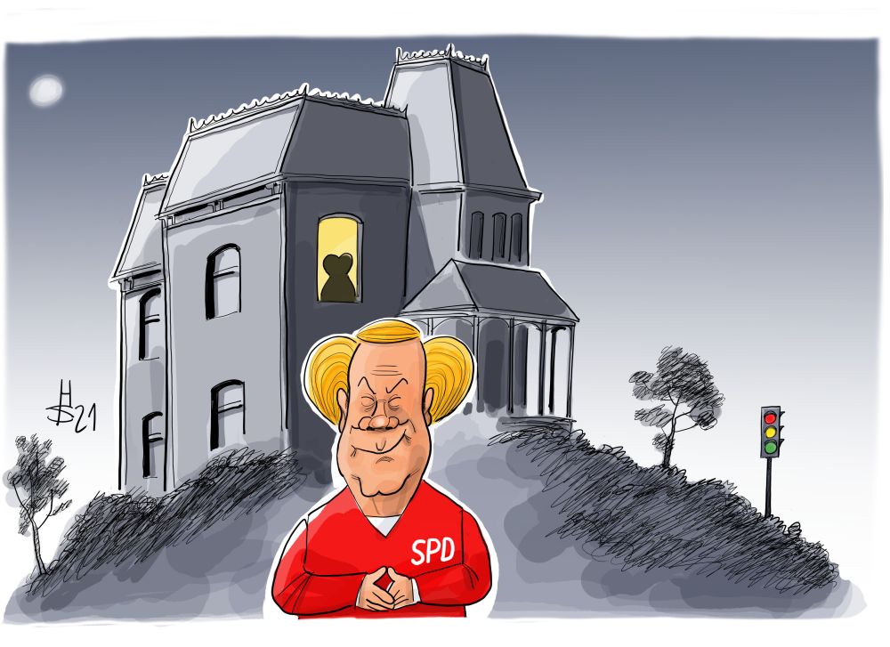 Sieger-Karikatur 2021 über Olaf Scholz, Angela Merkel und die Ampel-Koalition