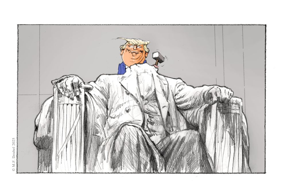 Trump als Steinmetz, der grinsend den Kopf der Lincoln-Statue, dem Symbol für nationale Einheit, Gleichheit und Führungsstärke eines US-Präsidenten, abschlägt. Preisträger "Karikatur", Rückblende 2025.