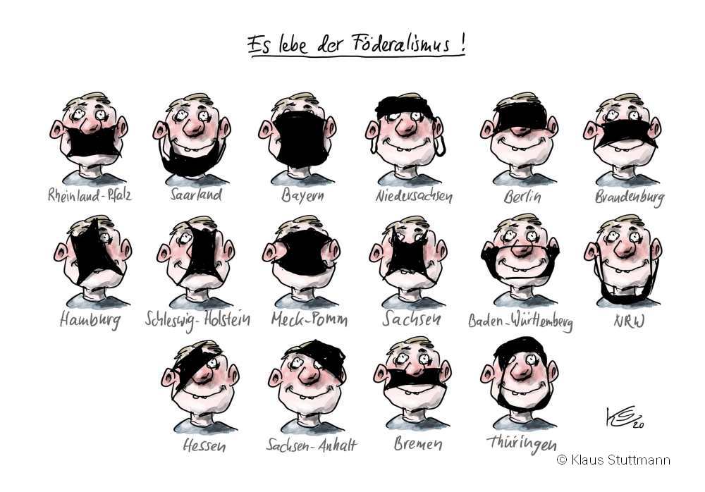 16 Mal ist das Gesicht des selben Mannes ist abgebildet, er trägt allerdings seine Mund-Nasenmaske 16 Mal auf unterschiedliche Weise falsch. Darunter stehen die Namen der 16 deutschen Bundesländer.