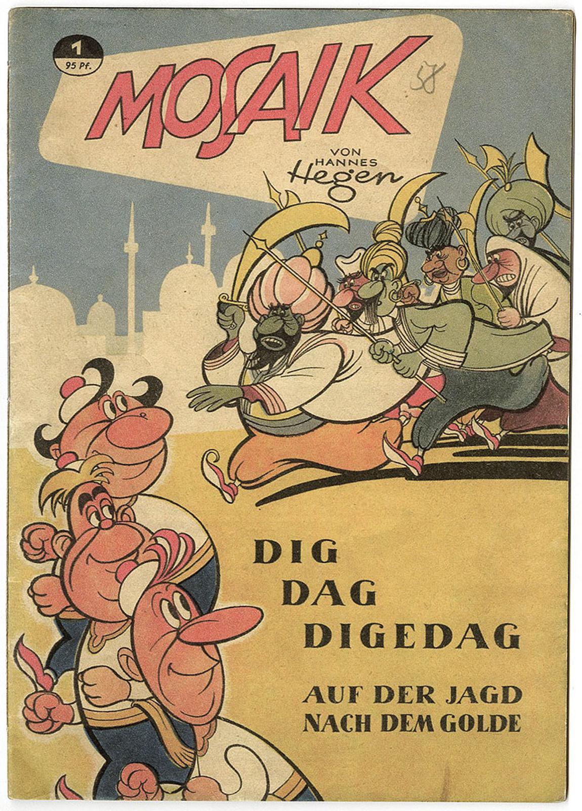 Titelseite der Erstausgabe, Dig, Dag und Digedag werden von Männern mit Säbeln verfolgt.