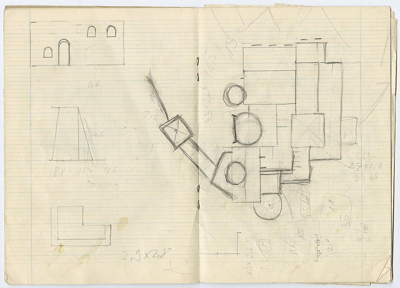 Page from the sketchbook of a fan from Thuringia for the model construction of Burg Rübenstein (1980s).