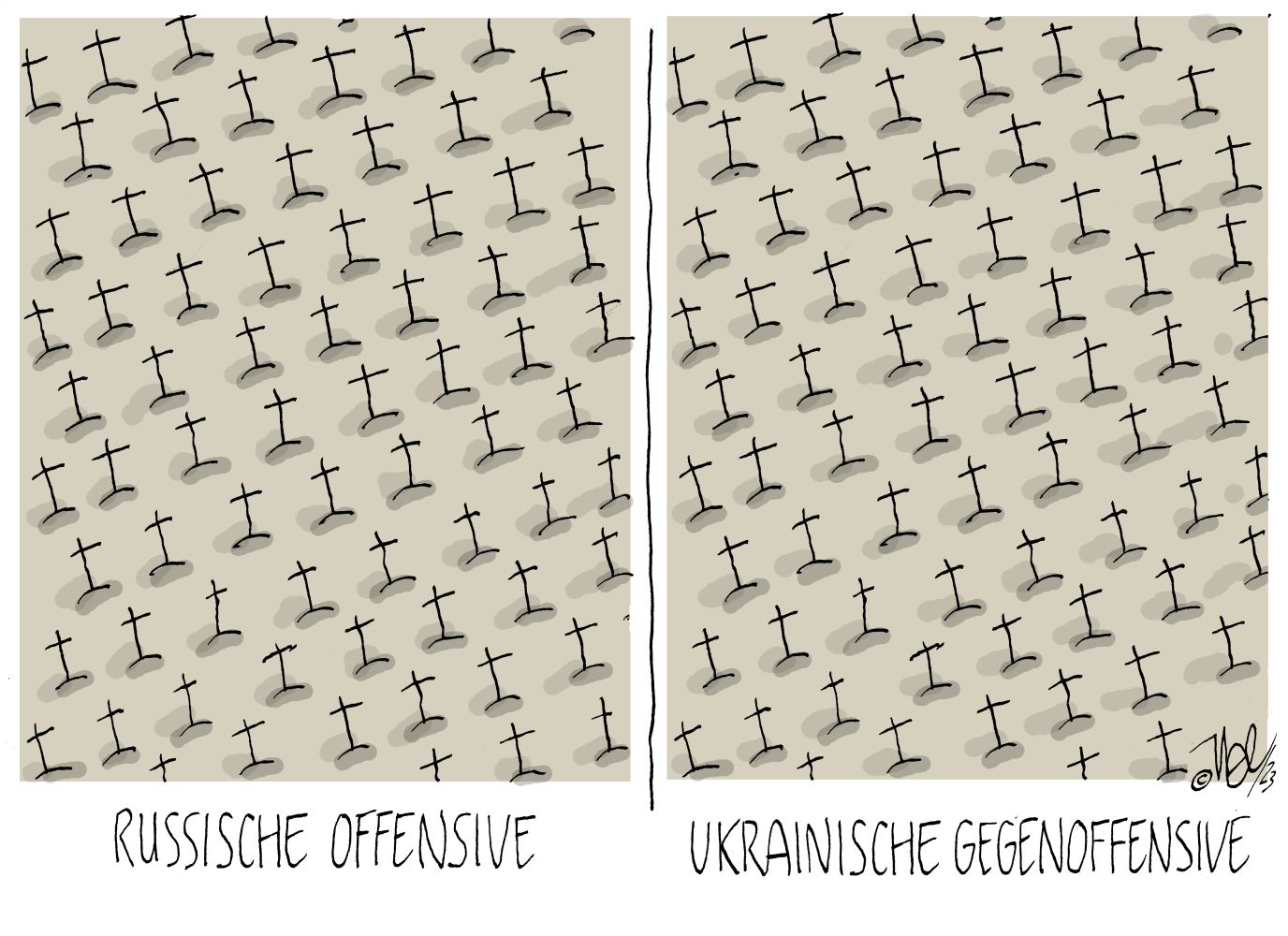 Zwei Zeichnungen von unzähligen Kreuzen, die einen Kriegsgräberfriedhof darstellen sollen. Das linke Gräberfeld ist mit "Russische Offensive" unterschrieben, das Rechte mit "Ukrainische Gegenoffensive"