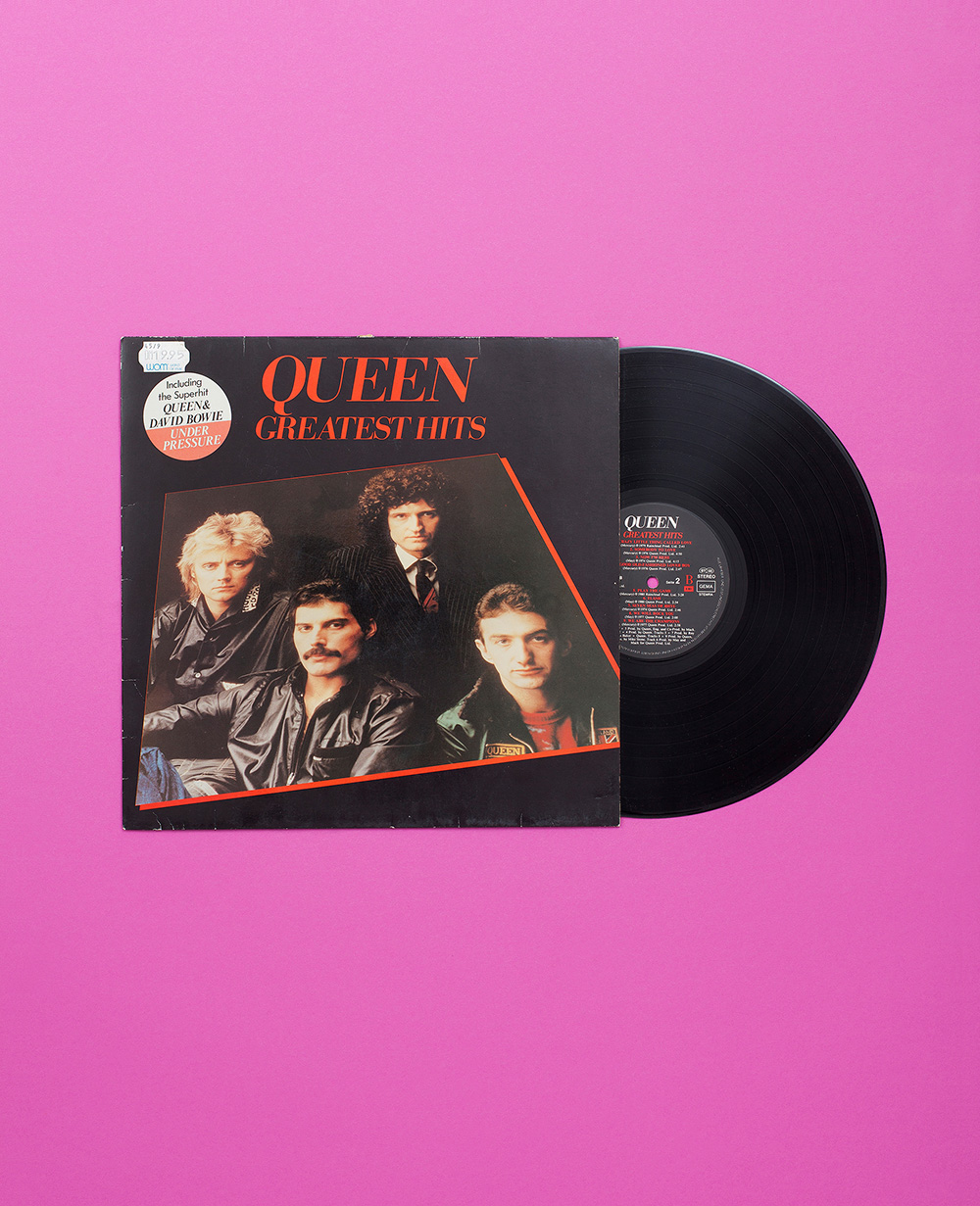 Queen LP Greatest Hits on purple background