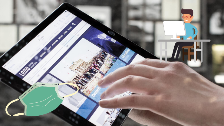 Großaufnahme eines Tablets und einer Hand mit Grafiken einer Schutzmaske und eines Mannes am Computerarbeitsplatz.