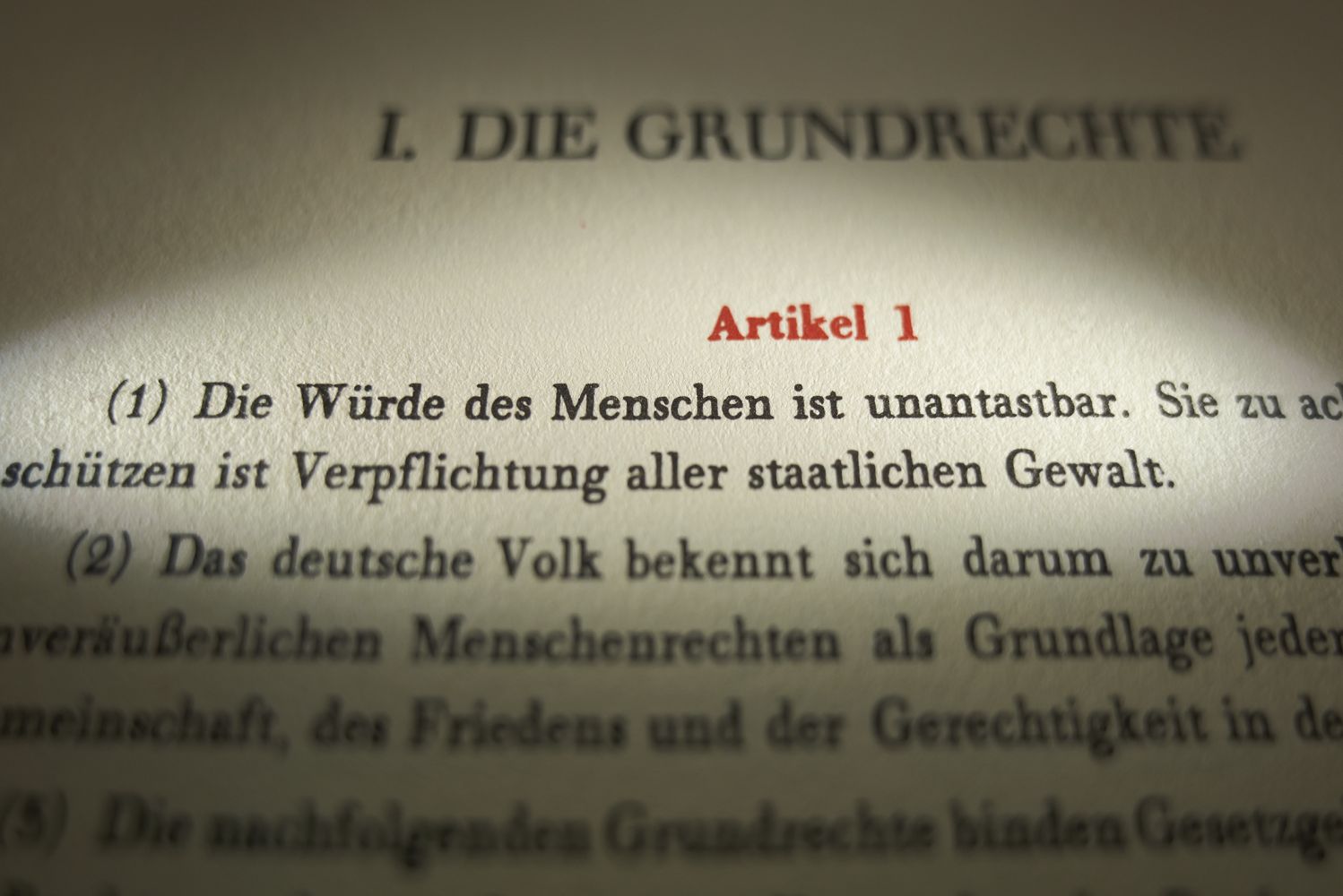 Nahaufnahme eines Textes. Scharf und lesbar sind die Worte: Artikel 1 (1) Die Würde des Menschen ist unantastbar.