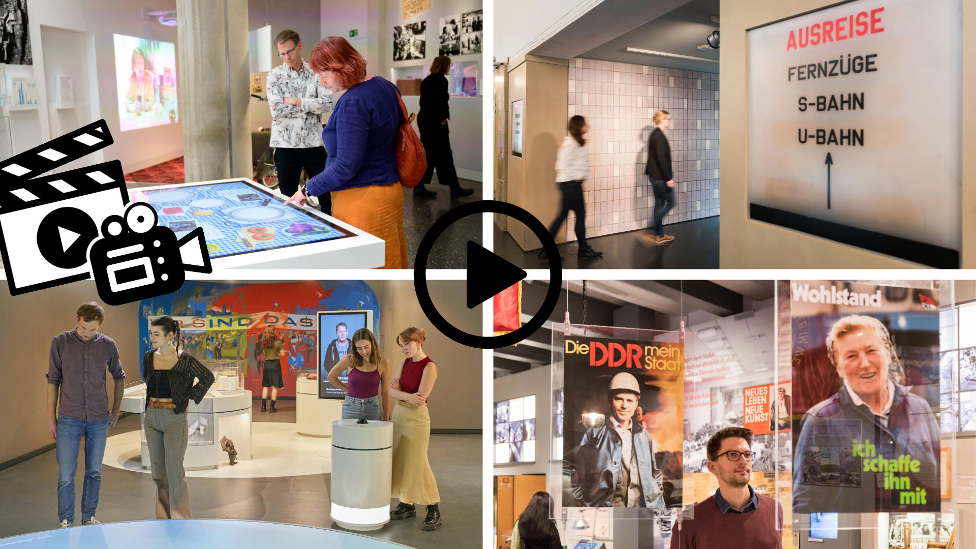 Collage aus vier Bildern, die die Dauerausstellungen im Haus der Geschichte in Bonn, im Zeitgeschichtlichen Forum Leipzig, im Tränenpalast und im Museum in der Kulturbrauerei in Berlin zeigen.