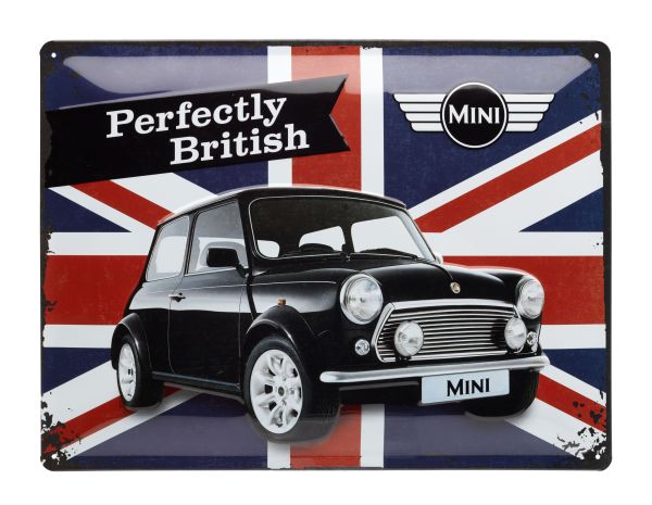 Blechschild mit Union Jack und dem Bild eines Mini Coopers.