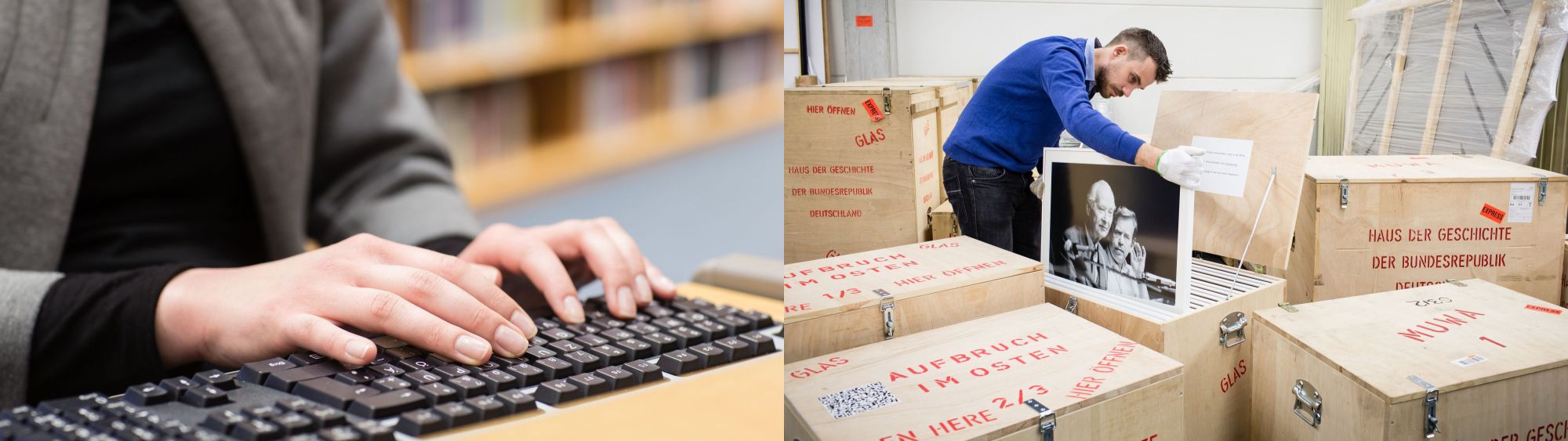 Ein geteiltes Bild, links in Nahaufnahme Hände auf einer Tastatur, rechts ein junger Mann zwischen Holzkisten, der einen größeren Bilderrahmen mit einer Fotografie in eine der Kisten packt