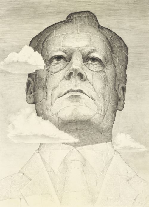 Ein in Fels gehauhenes Profil von Willy Brandt in Stile des Mount Rushmore National Memorial in den USA. Sein Kopf schwebt in Wolken.