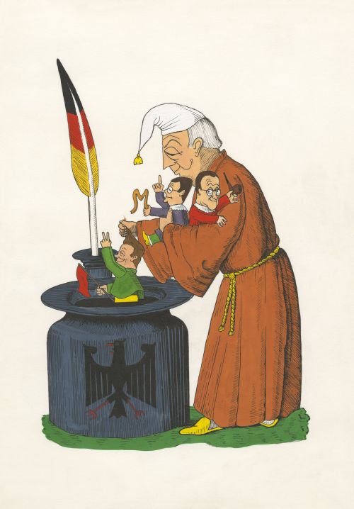 Kurt Georg Kiesinger tunkt Willy Brandt in ein Tintenfass mit Bundesadler und Deutschland-Feder. Auf seinem Arm sitzen Karl Schiller und Herbert Wehner.