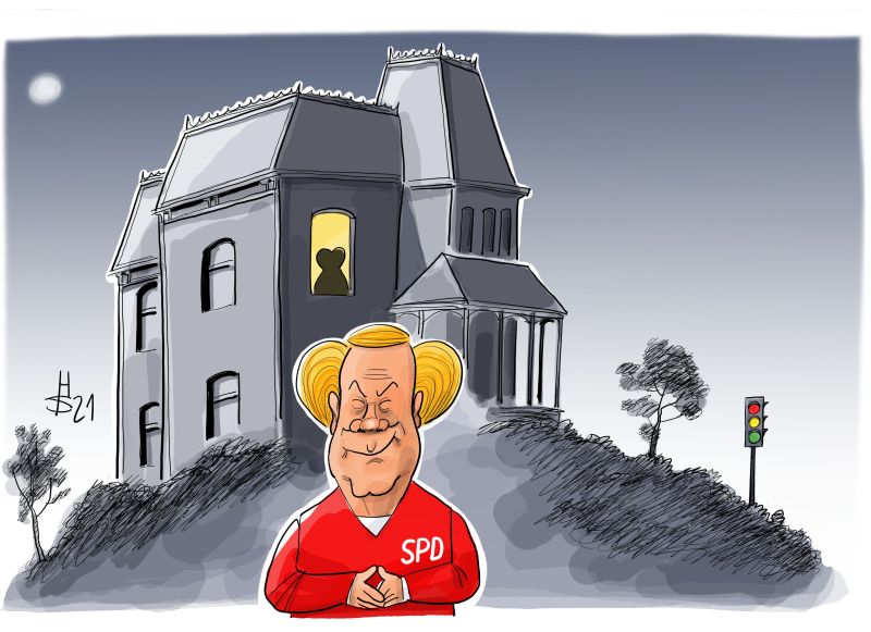 Im Vordergrund steht Olaf Scholz mit Frisur, Figur und Handhaltung von Angela Merkel. Hinter ihm steht bei Nacht ein großes Haus auf einem Hügel, vor einem erleuchteten Fenster ein Schatten, der die gleichen Umrisse hat. Rechts im Bild alle Verkehrsampel.