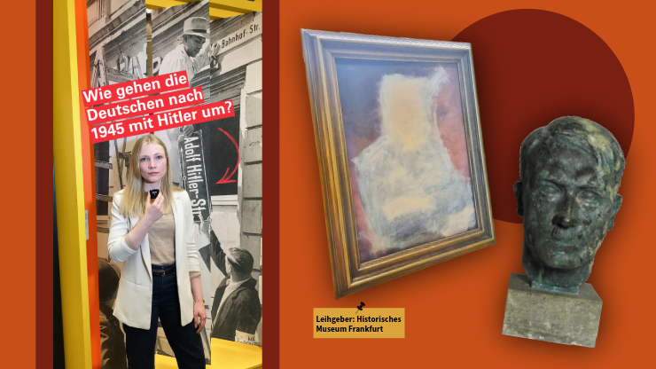 Fotos von Hitler-Büste und übermaltem Hitler-Porträt sowie Thumbnail des Reels mit Redakteurin in Ausstellung
