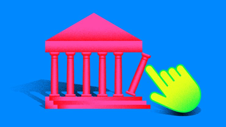 Logo des Podcasts: pinker Tempel, grüne Hand mit ausgestrecktem Zeigefinger