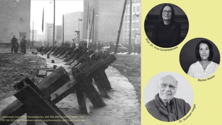 historisches Foto einer Panzersperre beim Mauerbau 1961; daneben Porträtfotos der Diskussionsteilnehmer