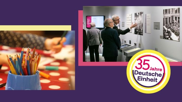 Grafik mit Fotos von Basteltisch und Menschen in einer Ausstellung