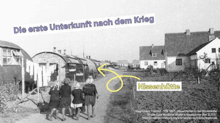 Historisches Foto von Kindern auf einem Weg; links vom Weg Nissenhütten, rechts vom Weg eine Häusersiedlung