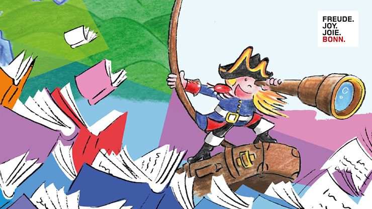 Illustration von Kapitän, der auf einem Koffer durch ein Büchermeer segelt