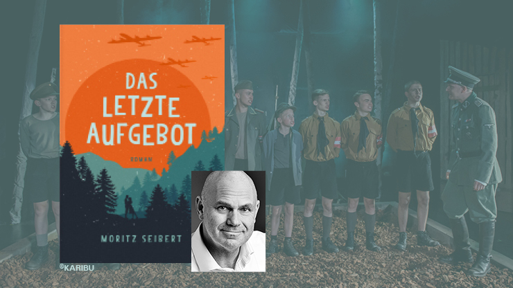 Buchcover und Porträtfoto des Autors; im Hintergrund Foto einer Theateraufführung von Jugendlichen in Uniform