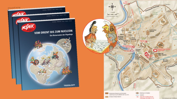 Buchcover „Vom Orient bis zum Nucleon. Die Reiserouten der Digedags“, daneben ein Bildausschnitt aus einem Comic und eine Karte von Rom