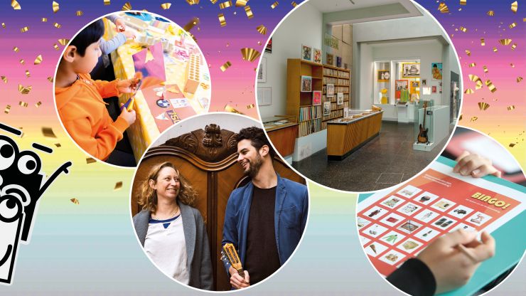 Fotocollage: Kind beim Basteln; Bandfoto von Toi et moi; Foto der Plattenbar aus der Ausstellung; Foto einer Bingokarte