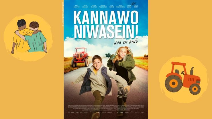 Filmplakat mit Filmtitel; darunter zwei rennende Kinder; im Hintergrund ein Traktor
